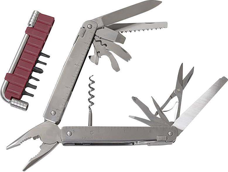 A multi-functional pocket knife with open tools: pliers, knife, saw, scissors, file, screwdriver and corkscrew.