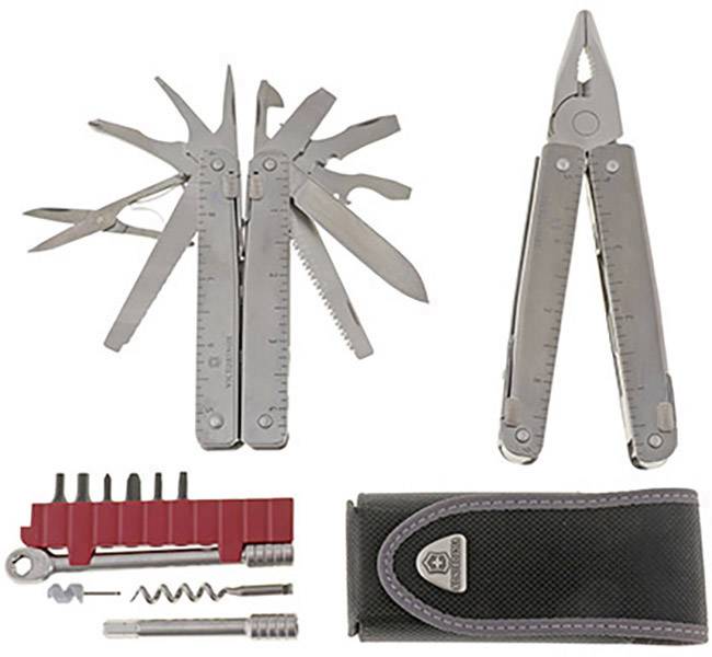 A silver multi-tool with open blades and additional accessories: screwdriver, bits in a red holder and a black pouch.