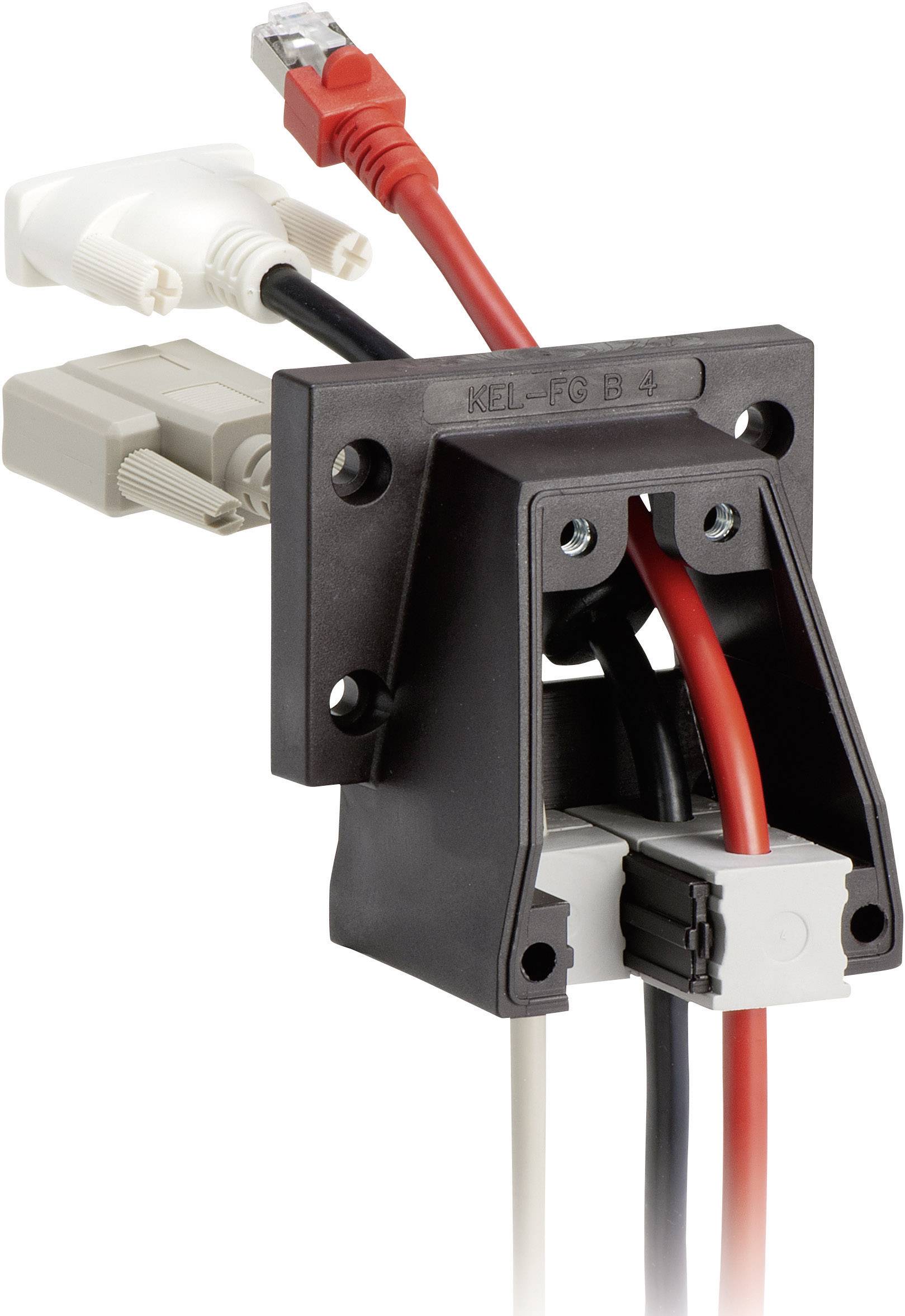 A black cable holder with four inserted cables of different colours, used for tidy cable management.