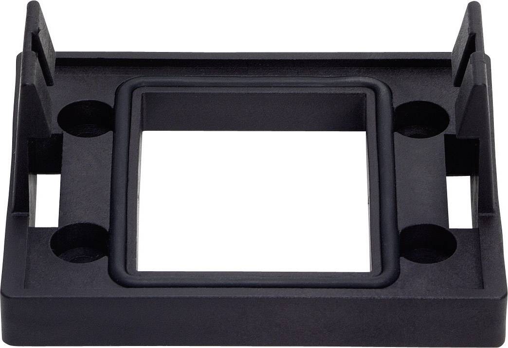 Black plastic frame with a rectangular opening in the centre, suitable for holding smaller devices or components.