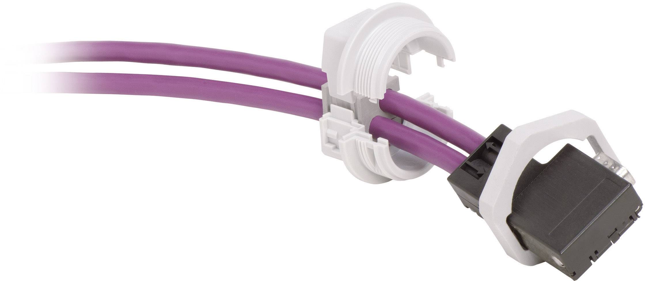 Two purple cables routed through a white cable clip, terminating in a black plug.