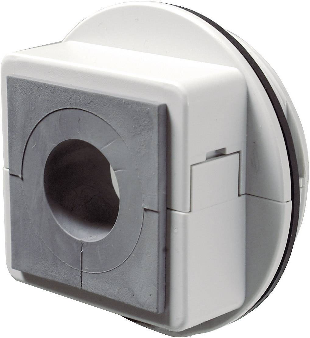 Round, white technical adapter with a square, grey front face and a central hole. Cables or pipes can be passed through it.