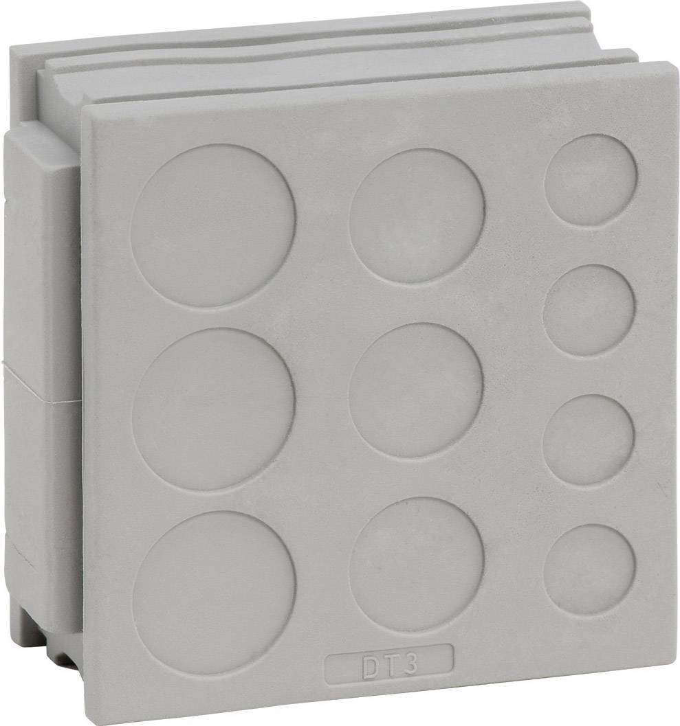 A rectangular, grey box with several round recesses on the front.