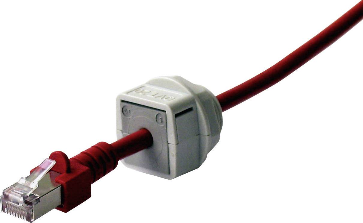 A red network cable with an RJ45 plug inserted into a cable entry adapter.