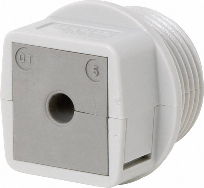 A square, grey adapter with a hole in the centre, labelled 'QT 5'.
