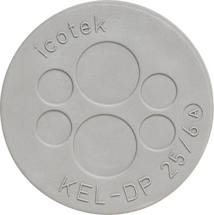 A round, grey protective cap with five circular cut-outs, with the inscription 'icotek KEL-DP 25/6' printed on it.