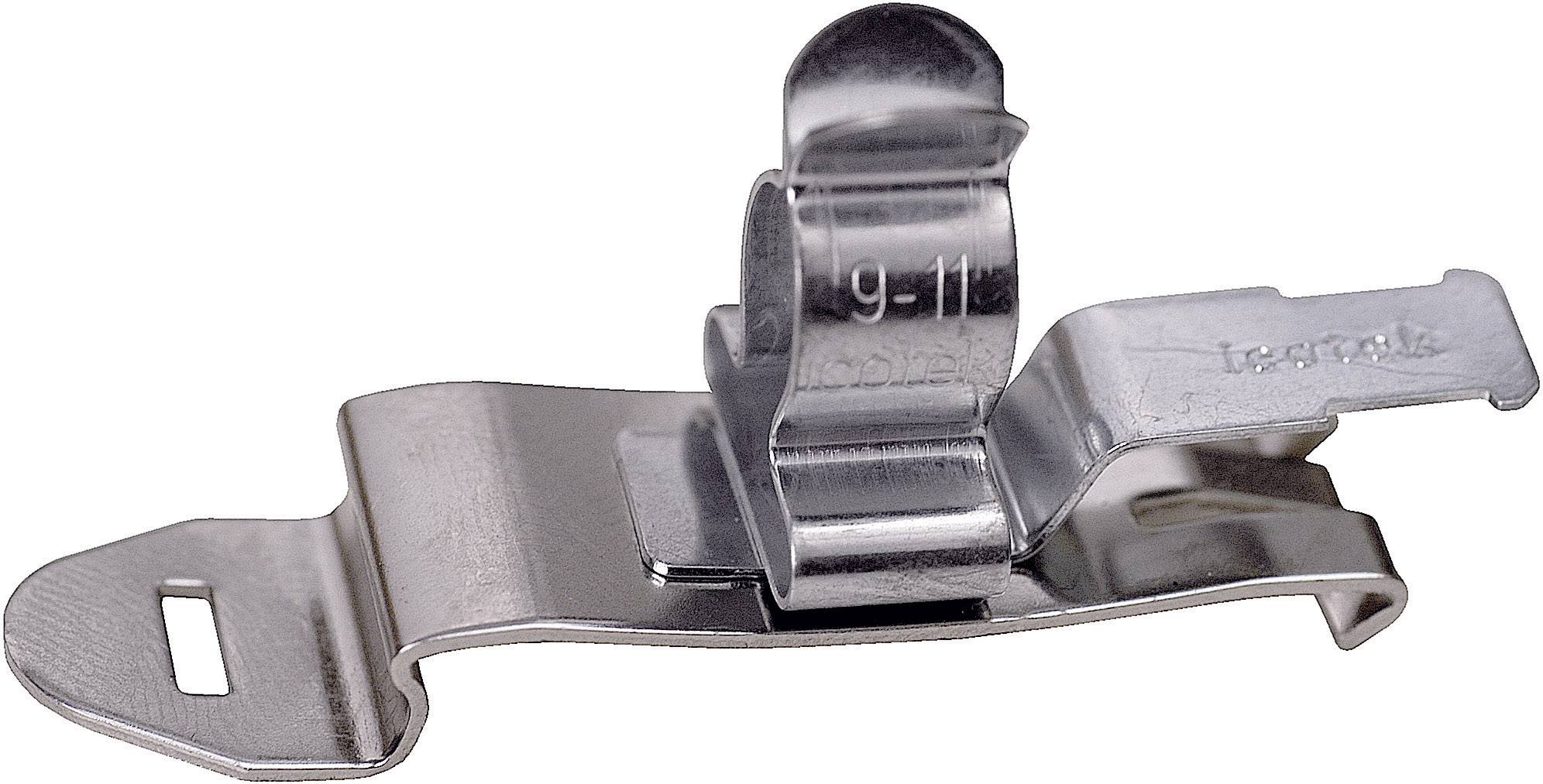 Metal clip with two mounting slots, suitable for holding objects in a specific position, commonly used in construction work.