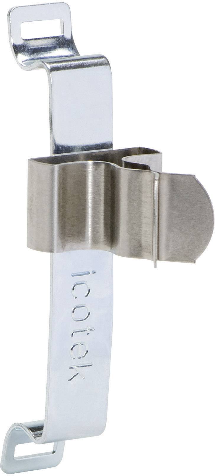 A silver stainless steel cable clip with 'icotek' inscription for securing cables, shown from the side view.