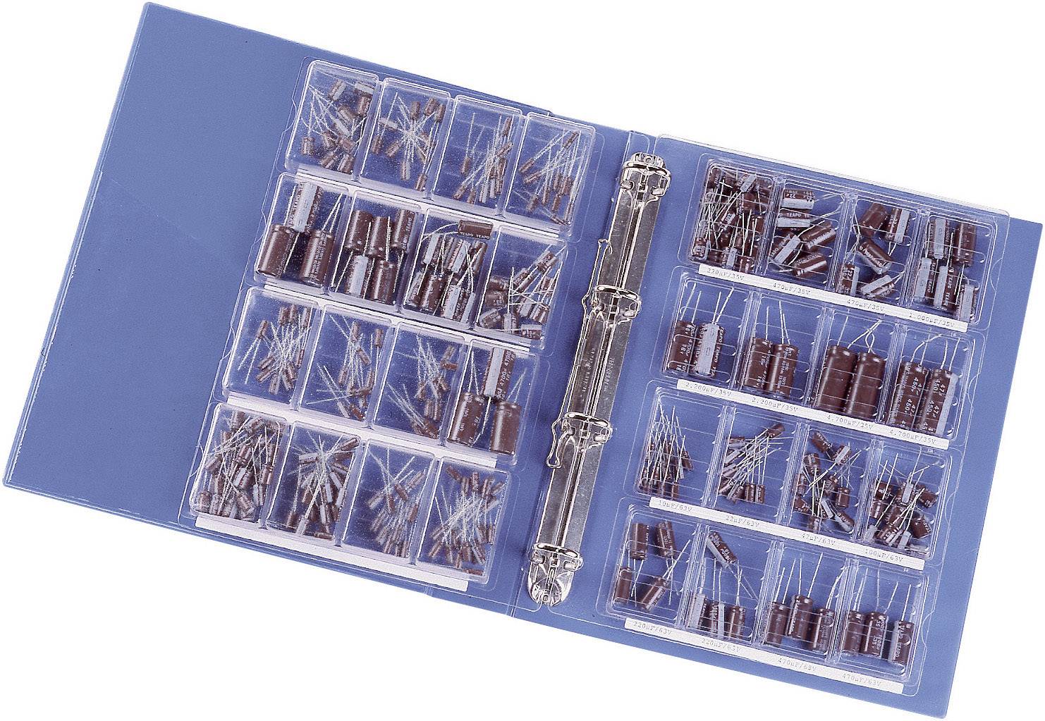 Open folder with multiple plastic compartments containing various types of electronic components, primarily resistors.