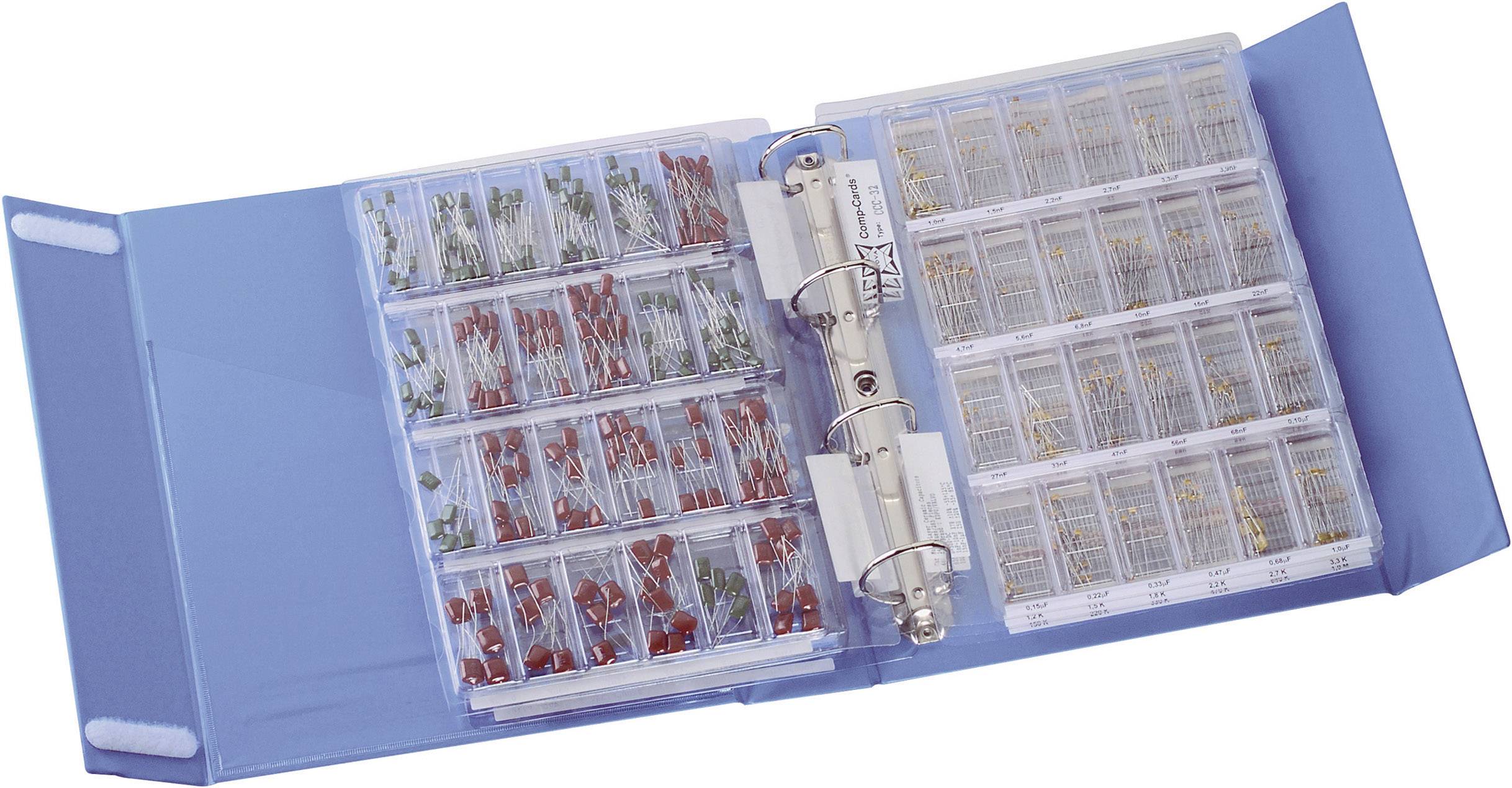 A blue folder with transparent dividers containing various electronic components in red, green and yellow.