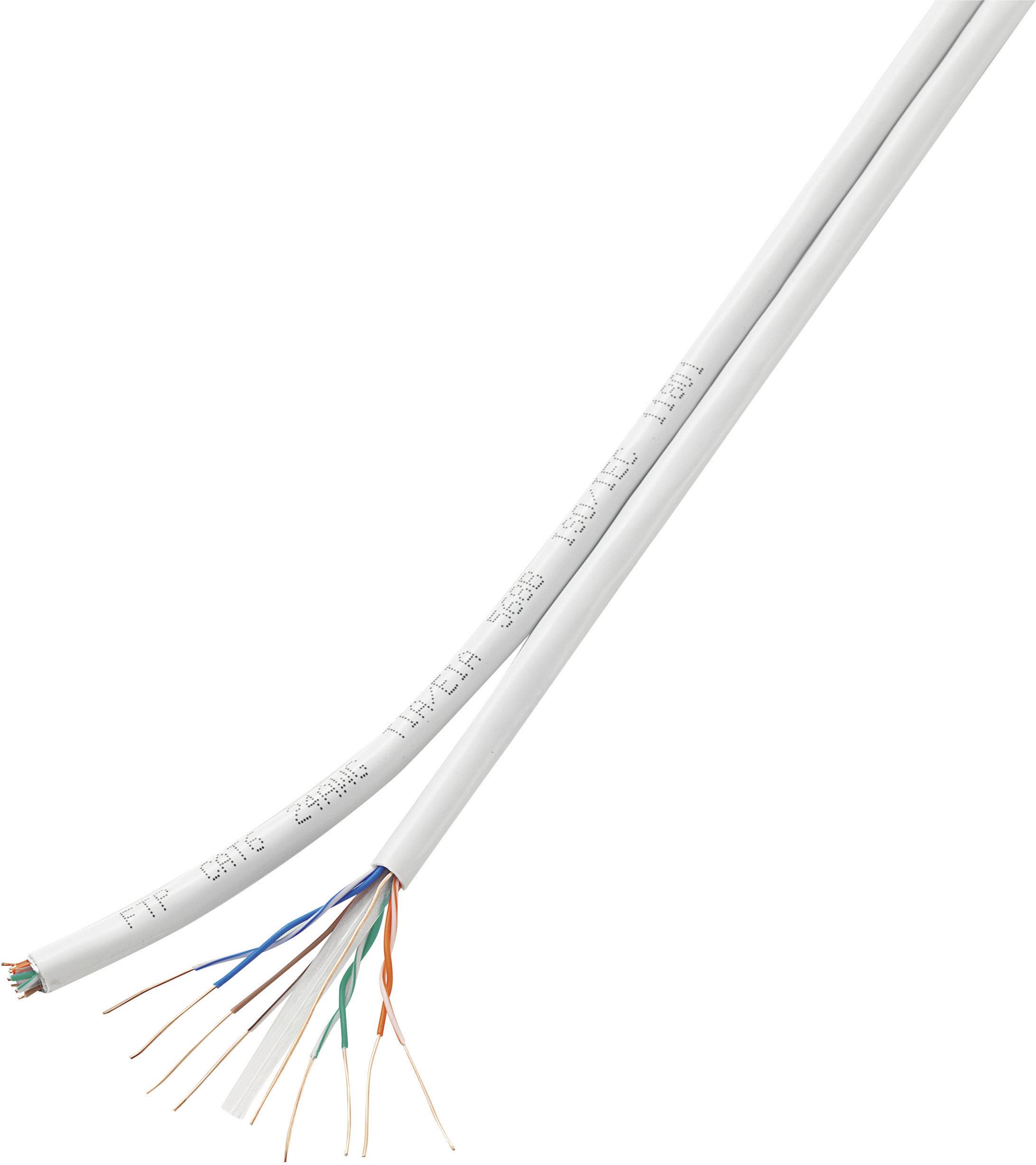 Two white network cables with exposed, coloured wires at the end, with blue, orange, green, and brown wires visible.