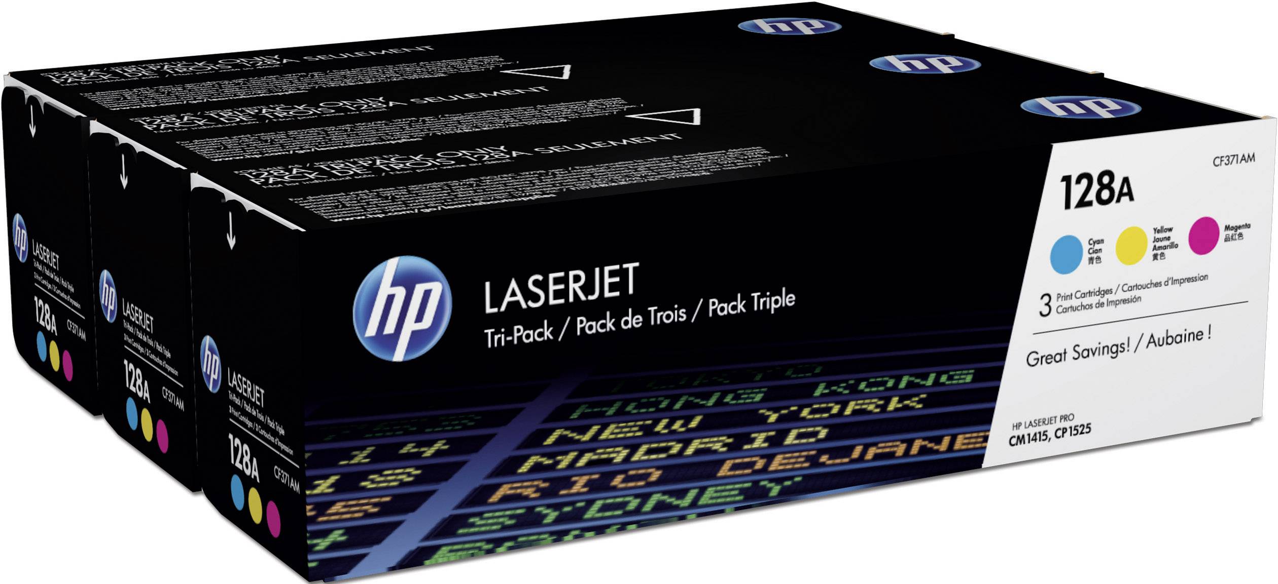 A HP LaserJet 128A toner cartridge pack of three. Packaging displays a coloured flight indicator, contains Cyan, Magenta, Yellow.
