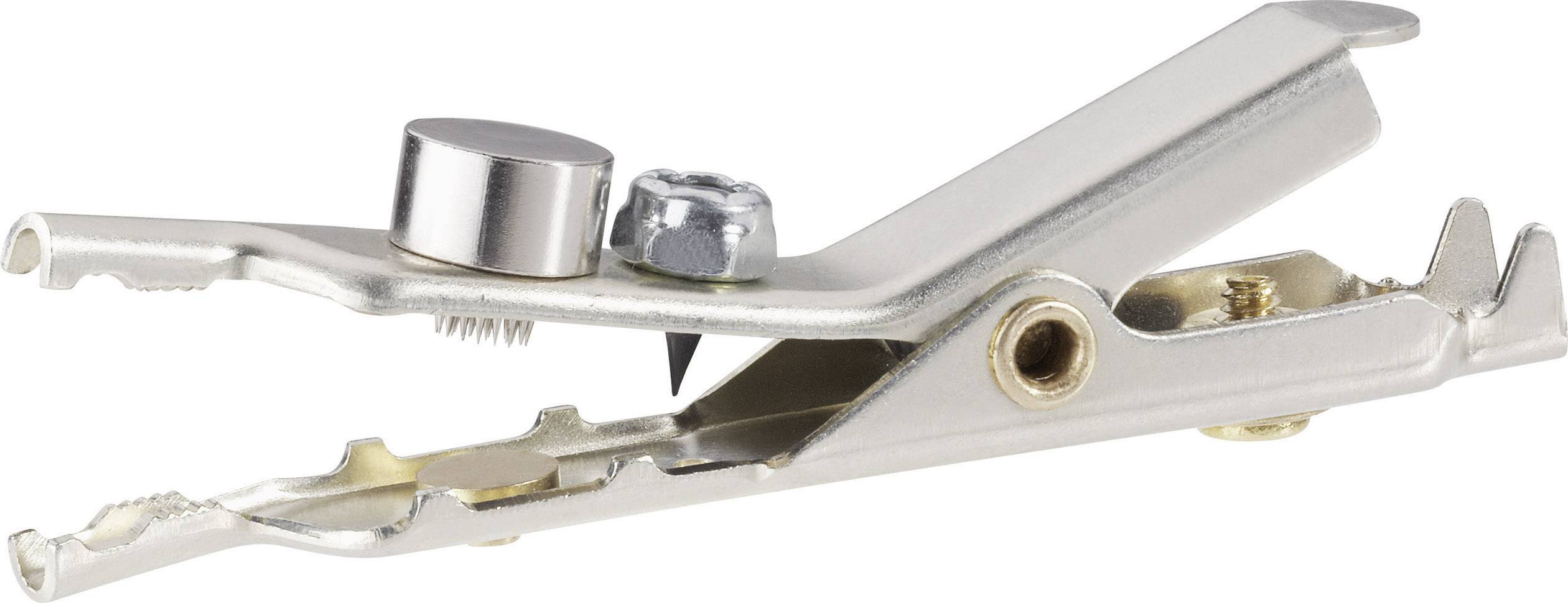 Metal crocodile clip with screw and press button, suitable for secure attachment to electrical cables or contacts.