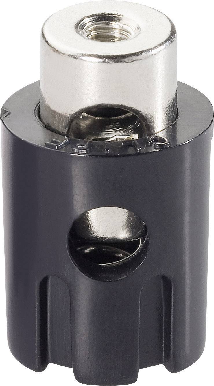 Black adapter sleeve with silver screw, cylindrical in shape, used for connecting components in technical applications.