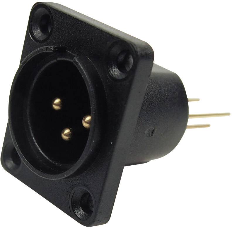 A black, angled XLR socket with three gold-plated contacts and four mounting screw holes.