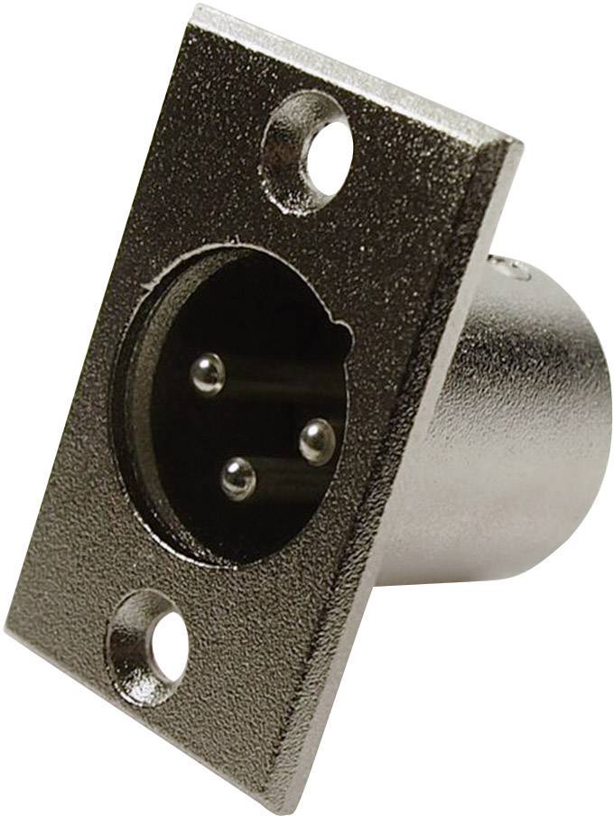 Metallic, rectangular audio plug with a circular opening and three holes for pins, mounted on a mounting plate.