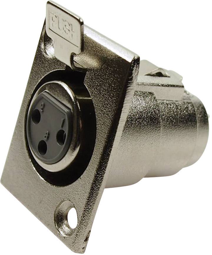 A metal XLR plug with three pins, typically used for audio connections in professional audio systems.