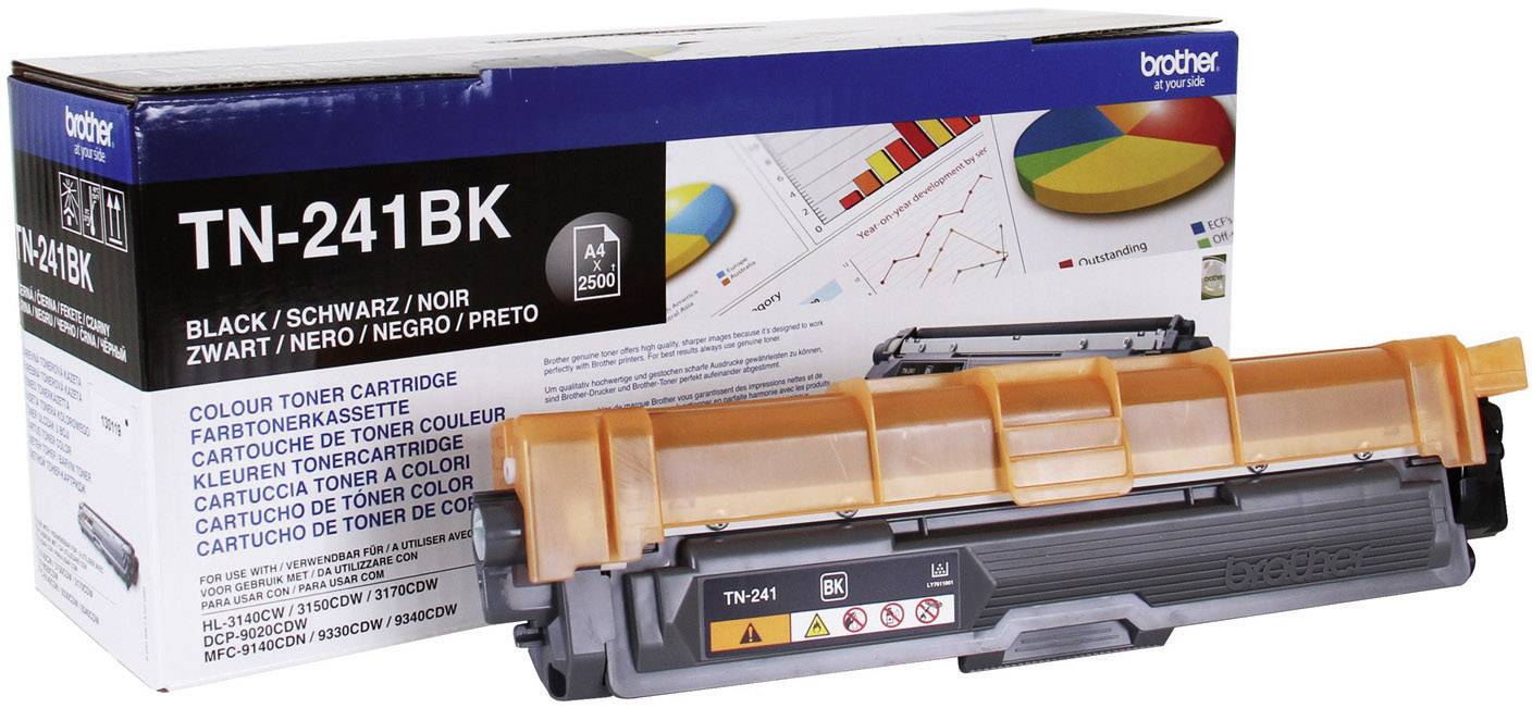 Brother TN-241BK toner cartridge before packaging. Packaging shows graphics and lists colours: Black, Cyan, Magenta, Yellow.