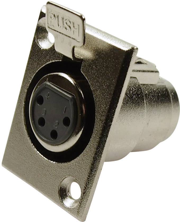 Metal connection with round socket slots. At the top, there is a labelled PUSH mechanism. Suitable for audio connections.