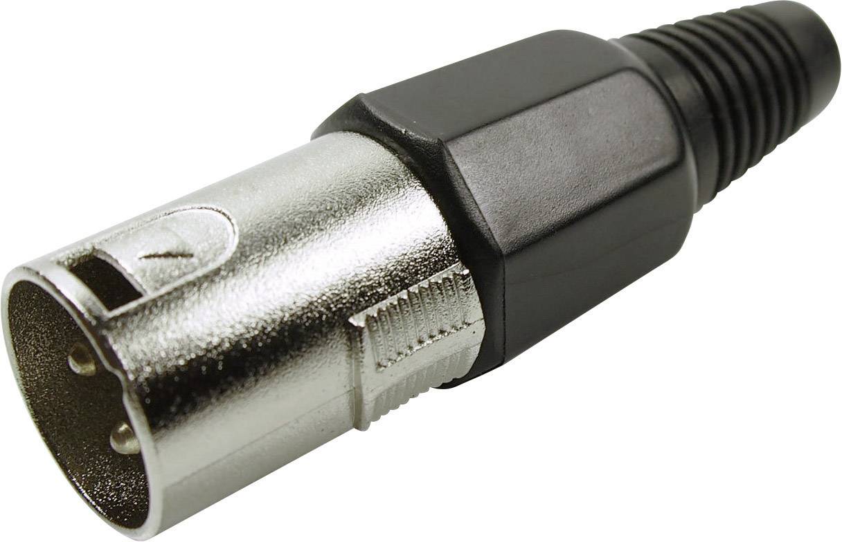 Metal XLR plug, three-pin, with black plastic housing, commonly used in audio equipment.