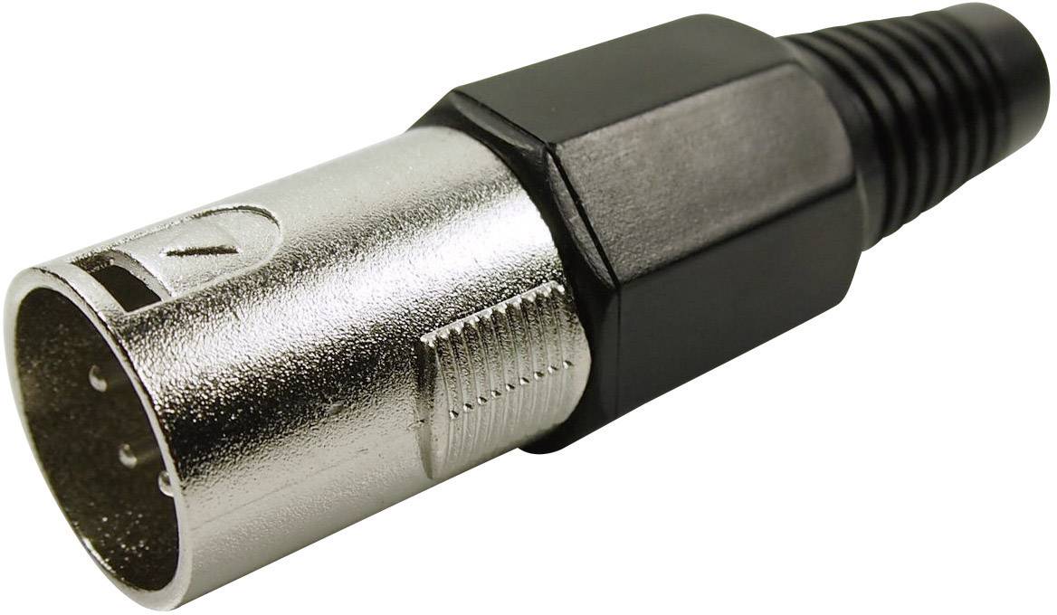 Microphone cable plugs in silver and black. Type: XLR plug, three-pole. Used for professional audio signals.