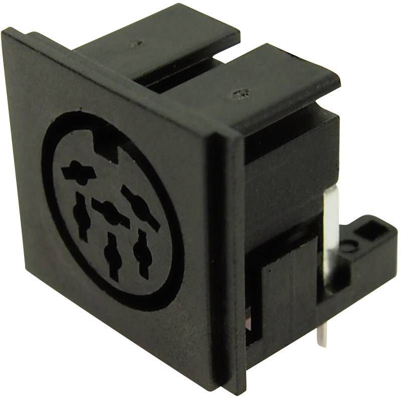 A black DIN plug with multiple connections for electronic interfaces set into a rectangular housing.