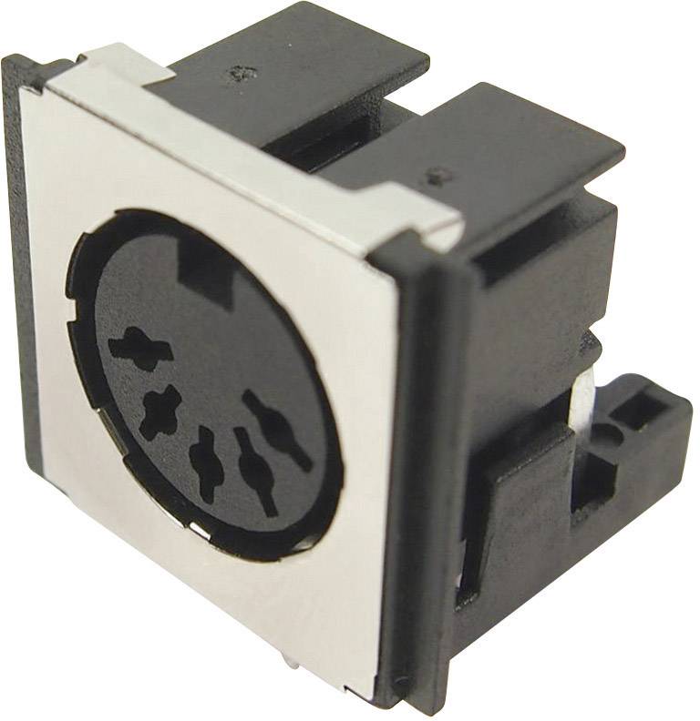 A silver and black electric plug, likely a PS/2 connector, for connecting peripheral devices such as keyboards.