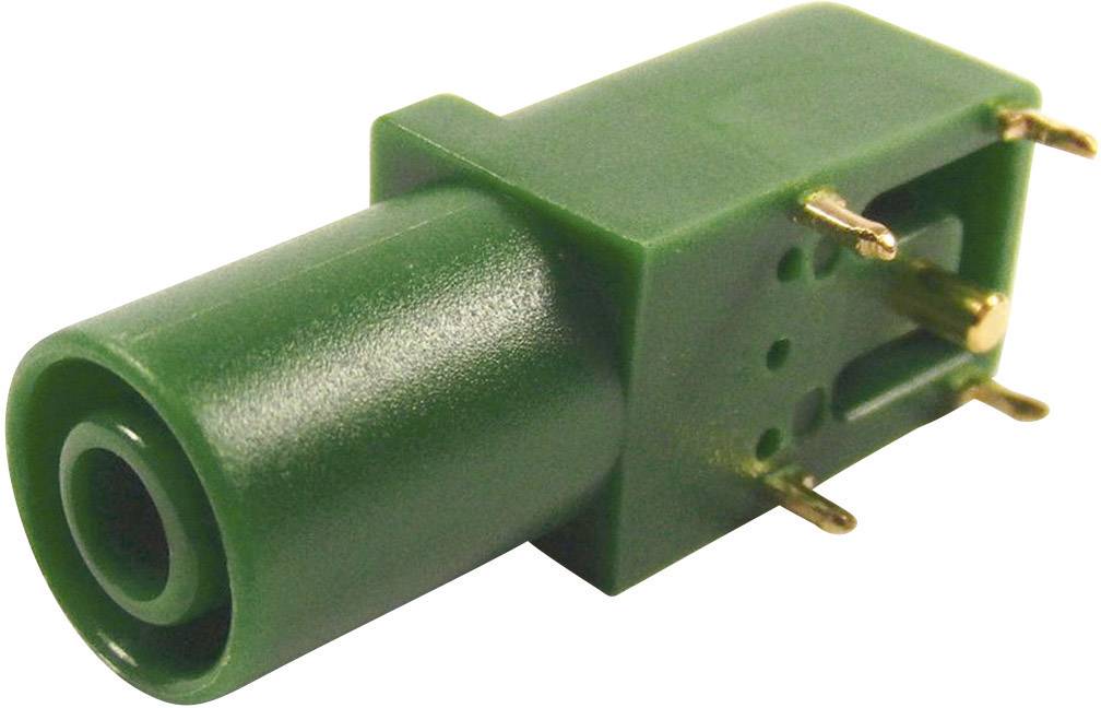 Green electrical connector plug with multiple pins and a plastic housing, likely for printed circuit board mounting.
