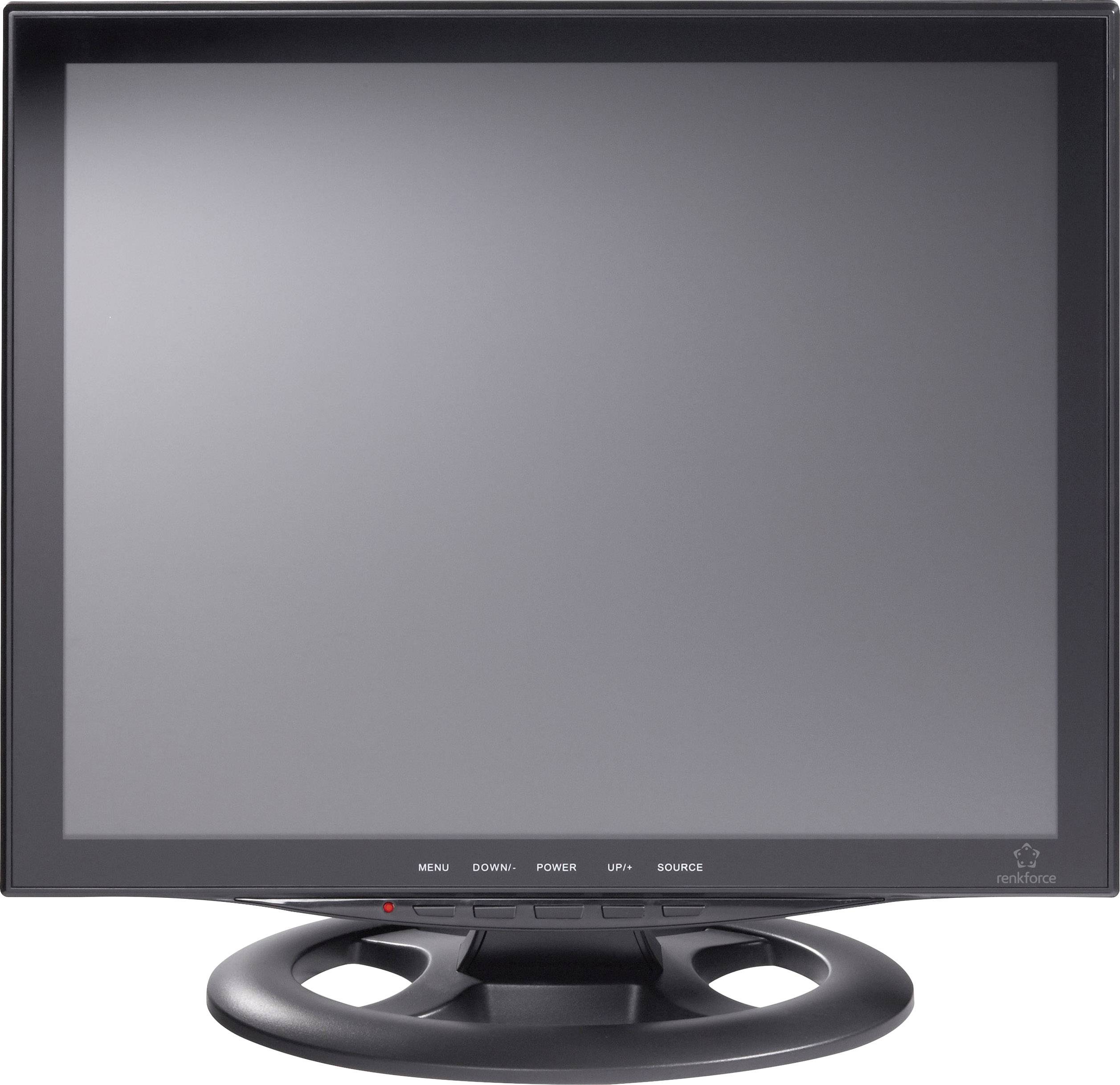 A black computer monitor with buttons on the front, including 'Menu', 'Down', 'Power', 'Up', 'Source'. The screen is switched off.