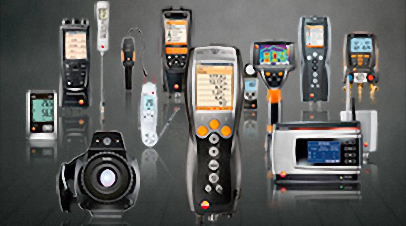 Several measuring devices in various shapes and sizes against a grey background, used for diagnosing and analysing technical systems.