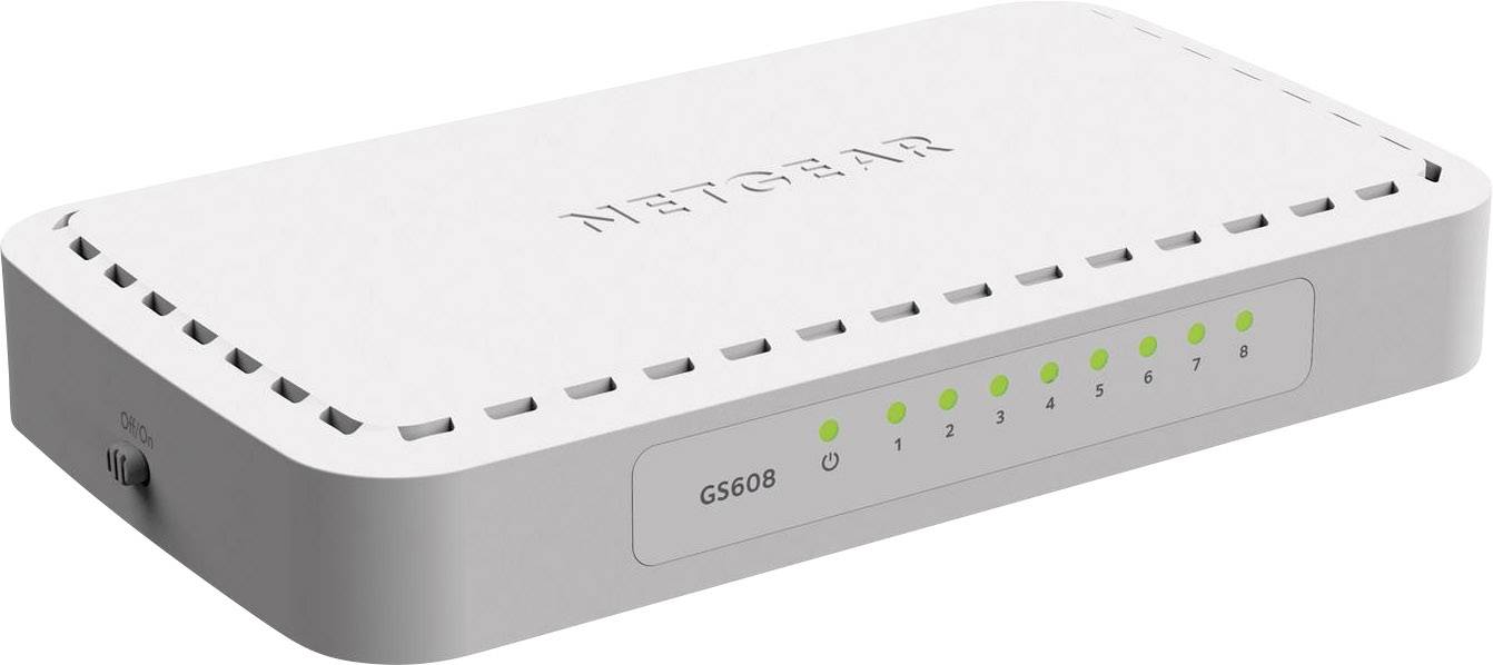 A white network switch with eight Ethernet ports. Green LED indicators on the front display the connection status.