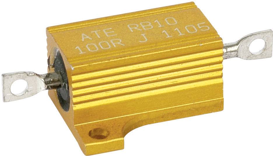 A gold-coloured, rectangular resistor with the inscription 'ATE RB10 100R J 1105', has two metal terminals on its sides.