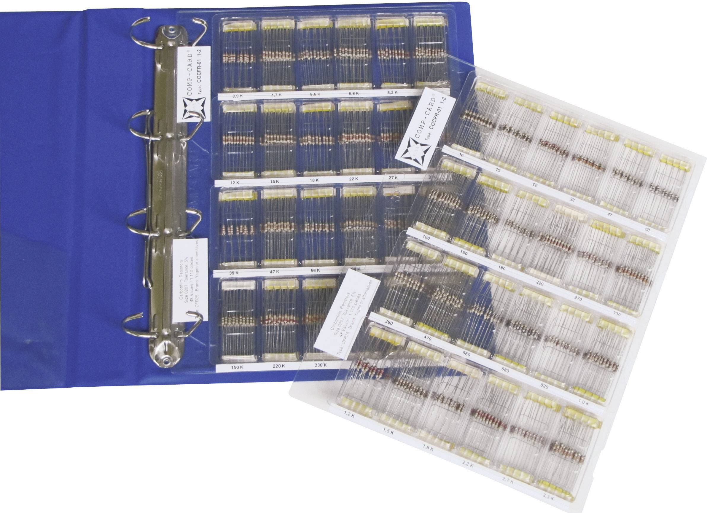 Open blue folder with plastic sleeves displaying numerous labelled fishing hooks.