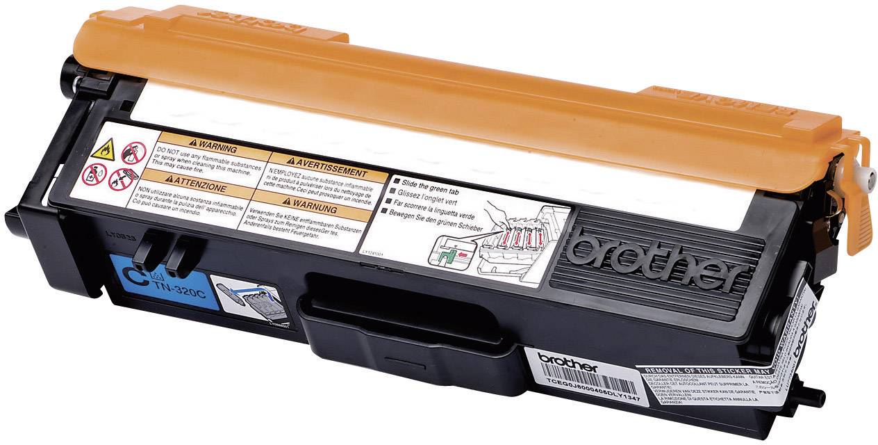 Printer toner cartridge with an orange cover and warning labels. Suitable for Brother printers.