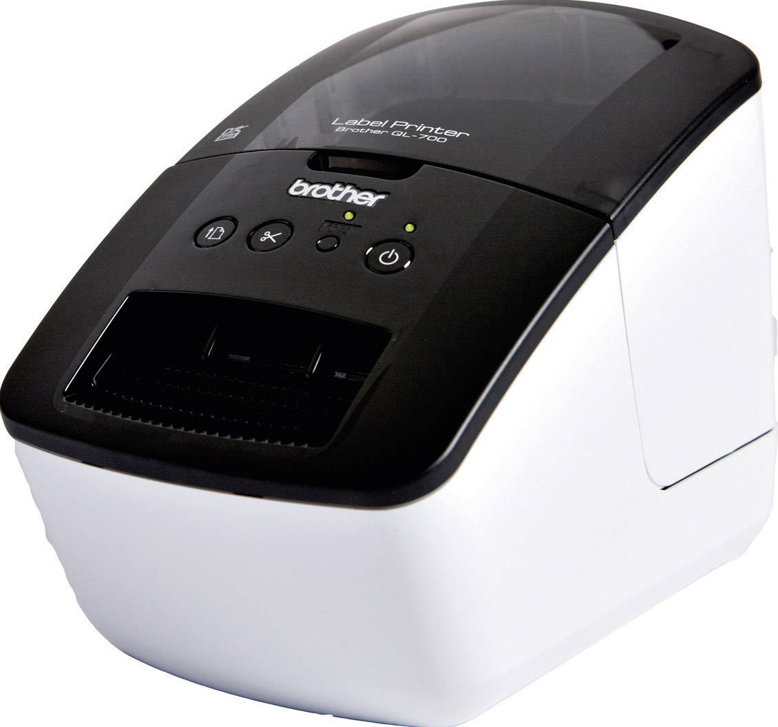 A white and black label printer by Brother, model QL-700, with a visible power switch on the front.
