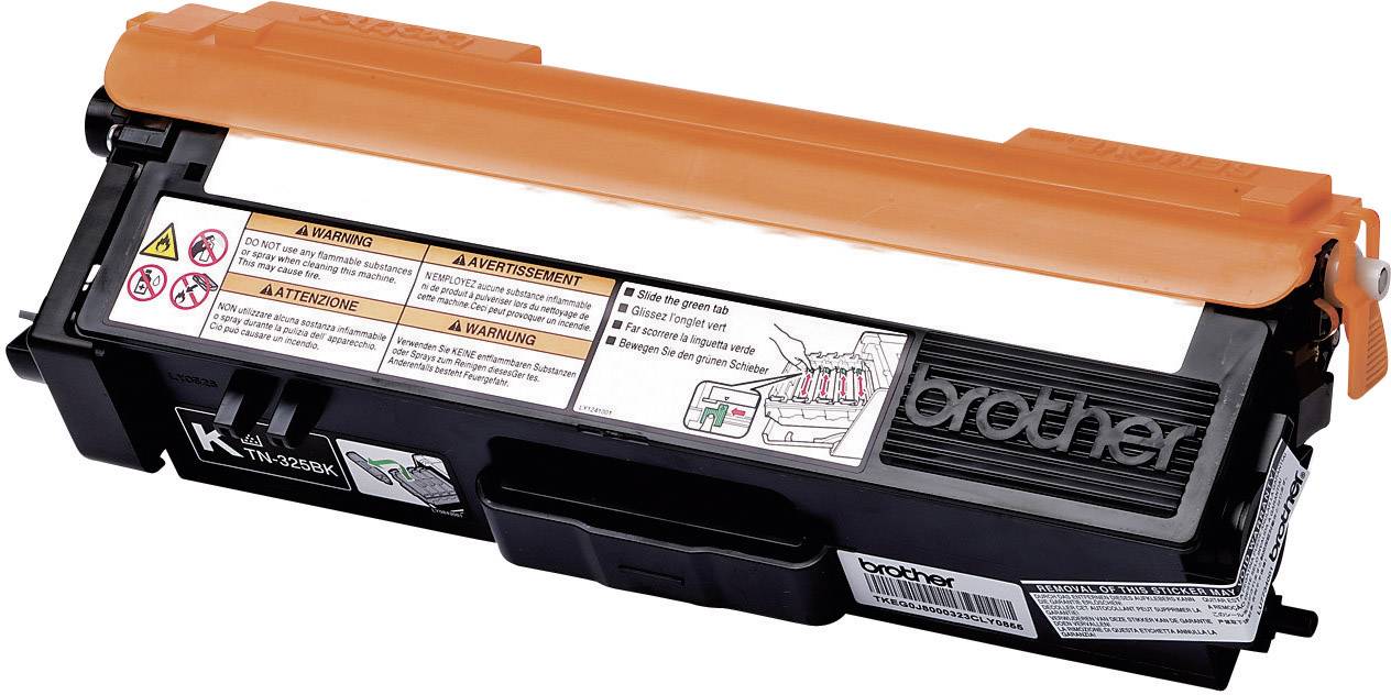A black toner cartridge with an orange protective cover and several warning labels. The 'Brother' brand is visible.