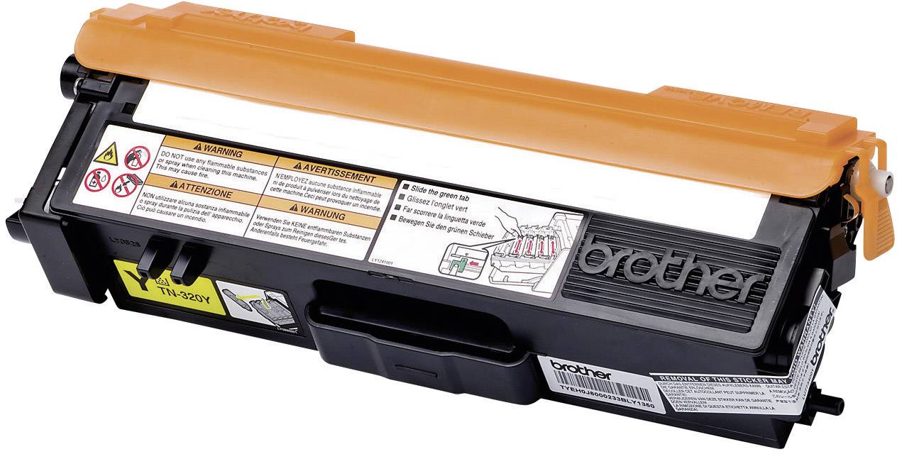 Black and orange Brother toner cartridge with warning labels on the side.