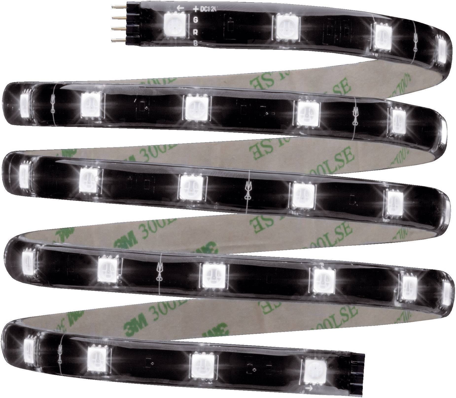 LED light strip in spiral form with blue and red cables. Strip has white LEDs and is self-adhesive with 3M tape on the back.