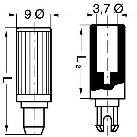 Technical drawing of a connector with dimensions: diameter 9 mm and 3.7 mm, various lengths and detailed views.