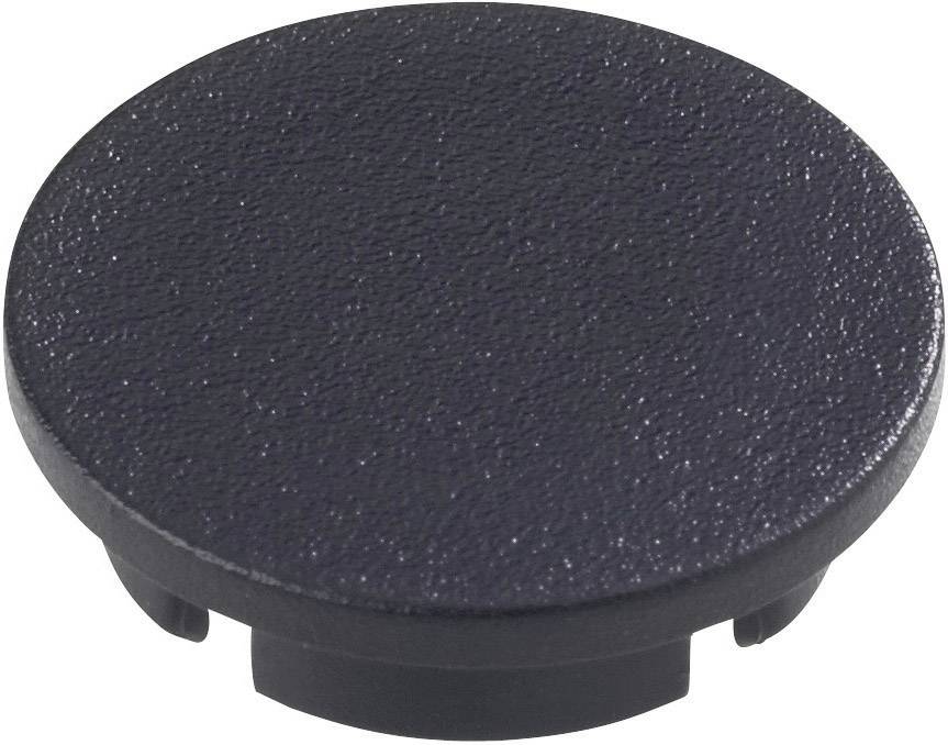 Black round plastic stopper on white background.