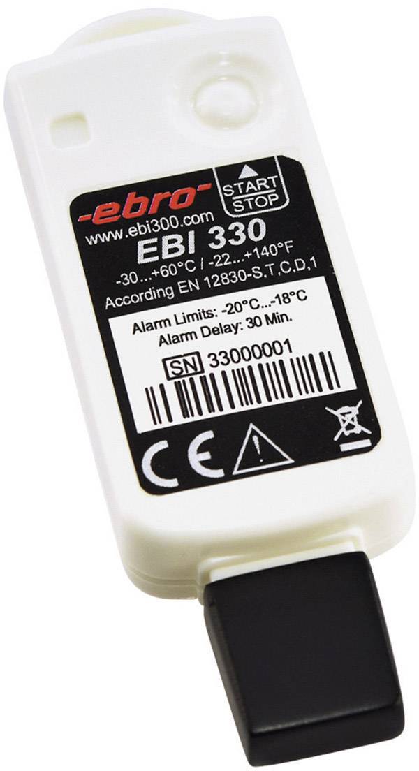 'EBI 330' Temperature Data Logger, white, with START/STOP button and serial number '33000001', measures -30°C to +60°C.