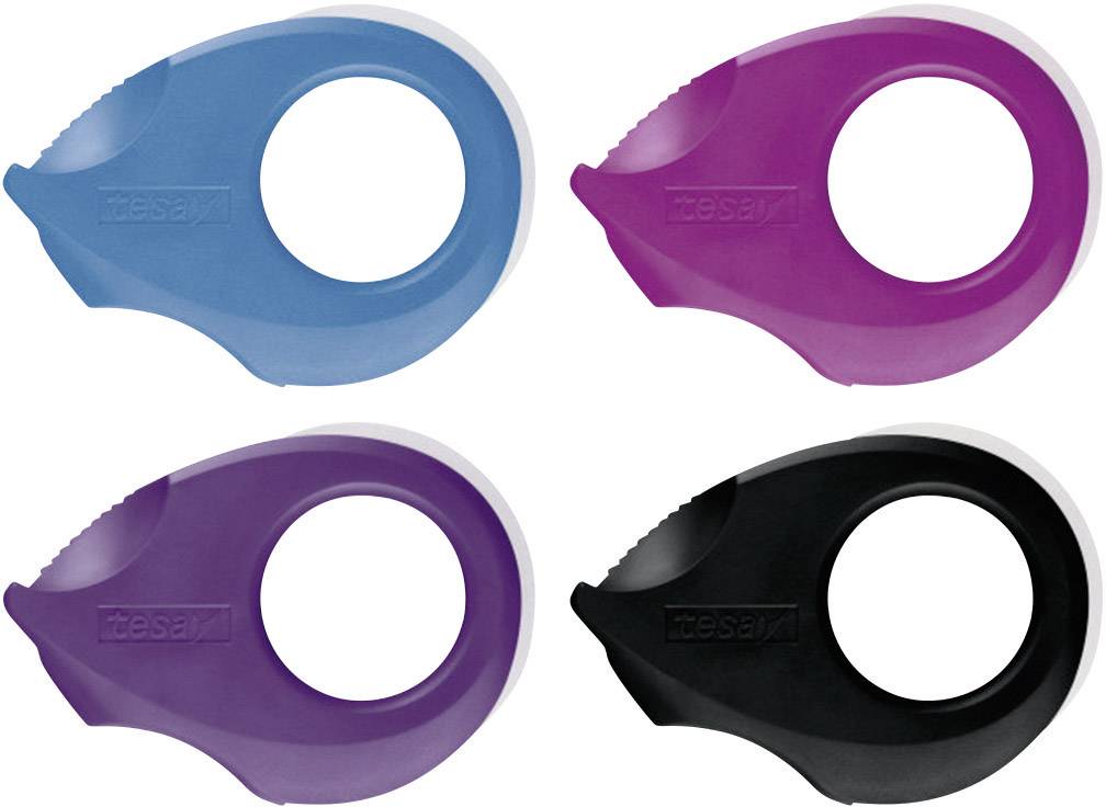 Four Sellotape dispensers in Blue, Pink, Purple and Black. Each dispenser has a round opening and a compact design.