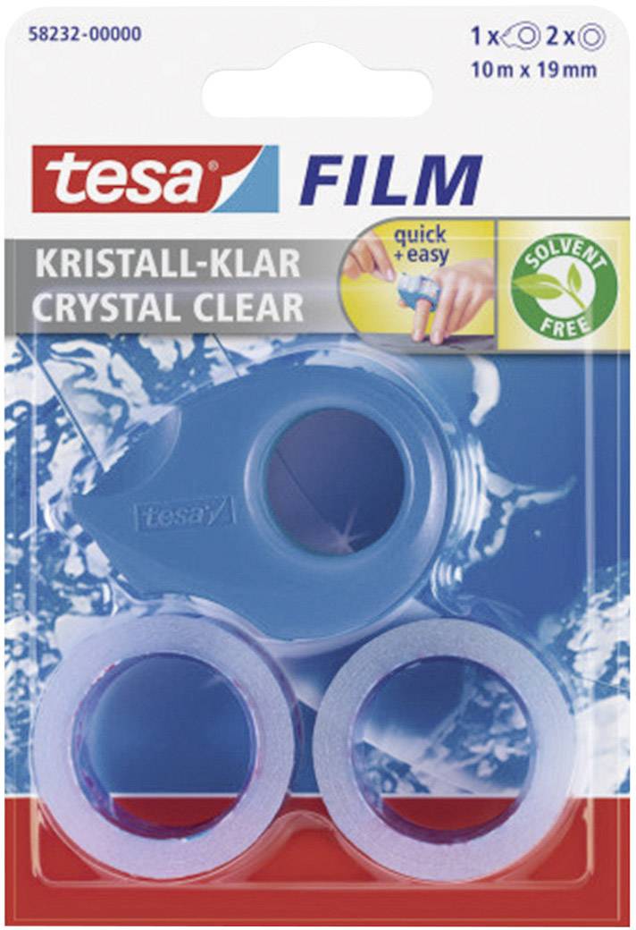 Crystal-clear Tesa adhesive tape, 10 m x 19 mm, including dispenser. Solvent-free, available in two variants.