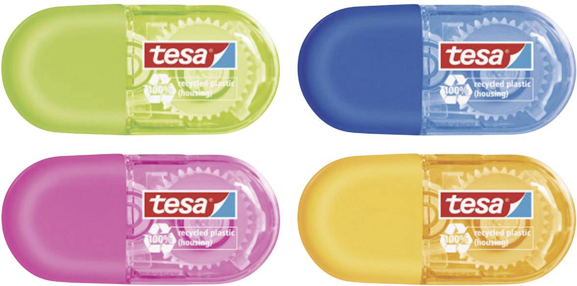 Four Tesa Mini correction rollers in green, blue, pink and orange, made from recycled plastic.