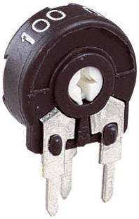 A brown trim potentiometer with '100 Ω' marking, two metal pins and a white adjustment slot, used for fine-tuning resistances.