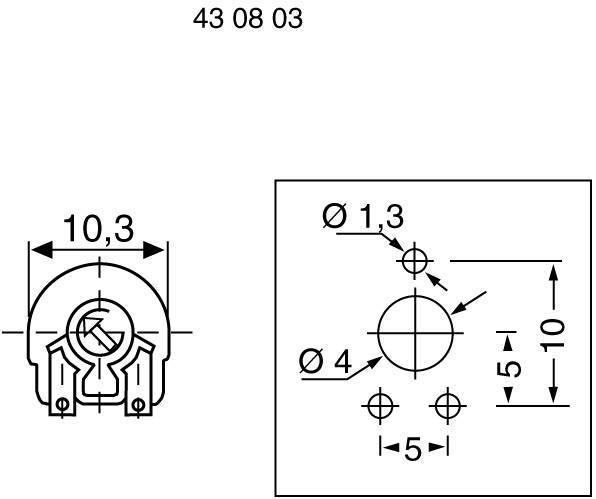 Technical drawing of a component with dimensions in millimetres. Left: semi-circular shape, 10.3 wide. Right: circle with 4 mm diameter, holes.