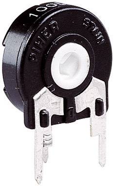 A black, round potentiometer with two metallic pins, for adjusting electrical resistances, on a white background.