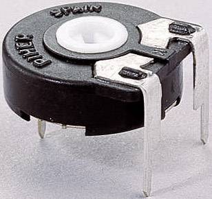 A round, black potentiometer with three metal pins for electrical circuits.