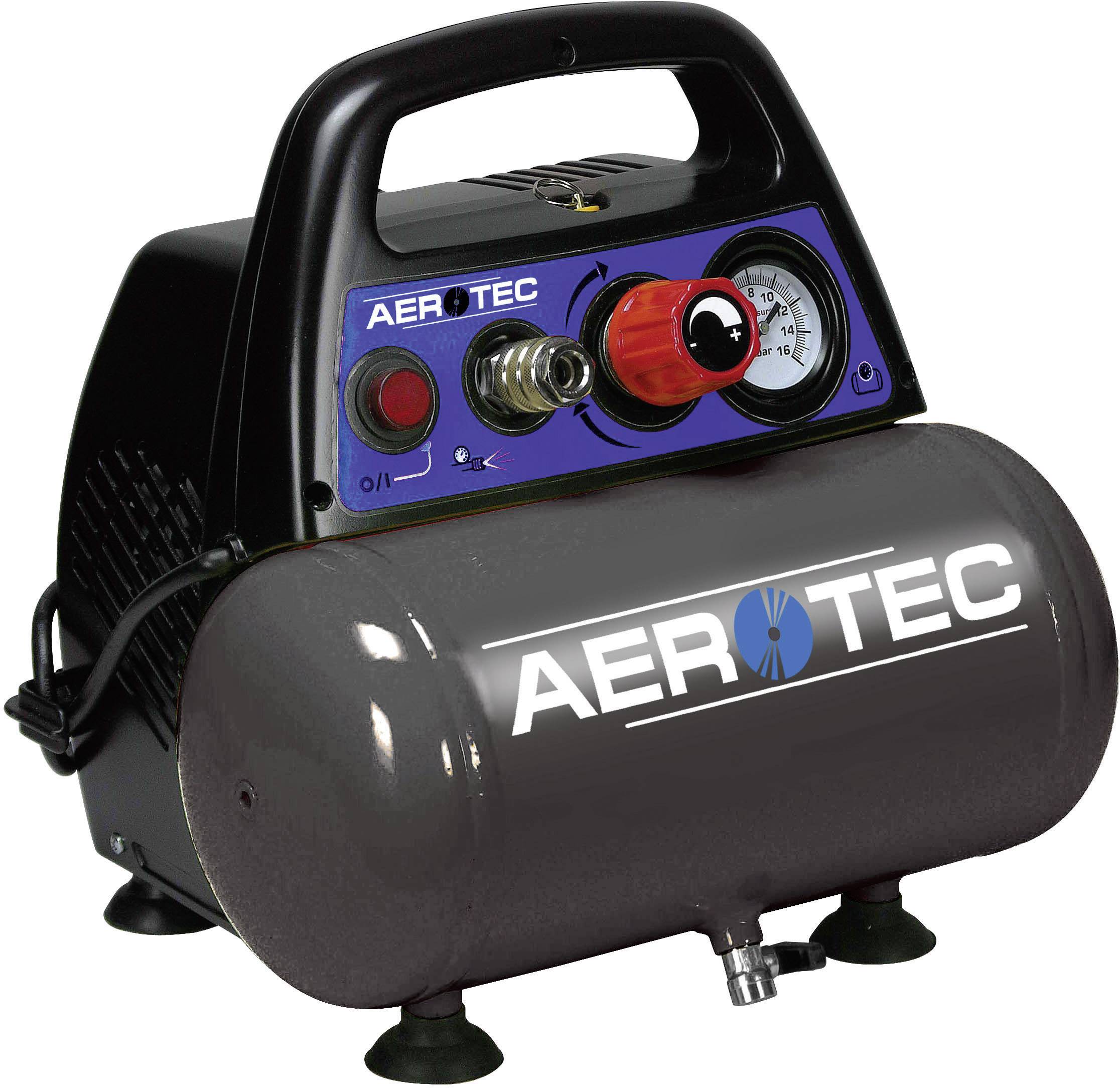 A compact, portable Aerotec compressor with pressure gauge and pressure regulator, suitable for tasks such as inflating tyres.
