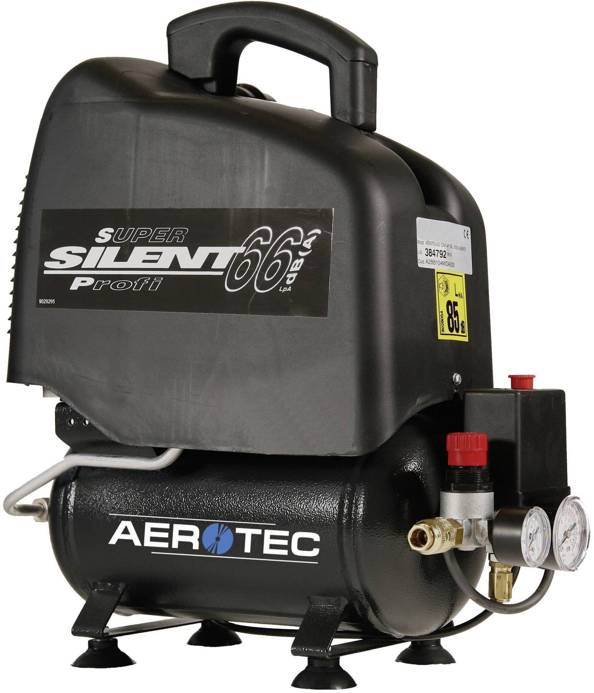 Compact black air compressor with the inscription 'Super Silent 66'. The compressor has manual control valves and pressure gauges.